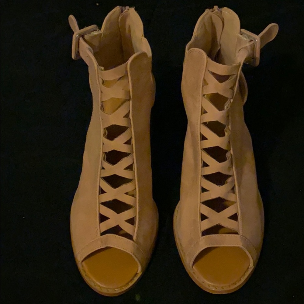 Tan lace front heeled sandal